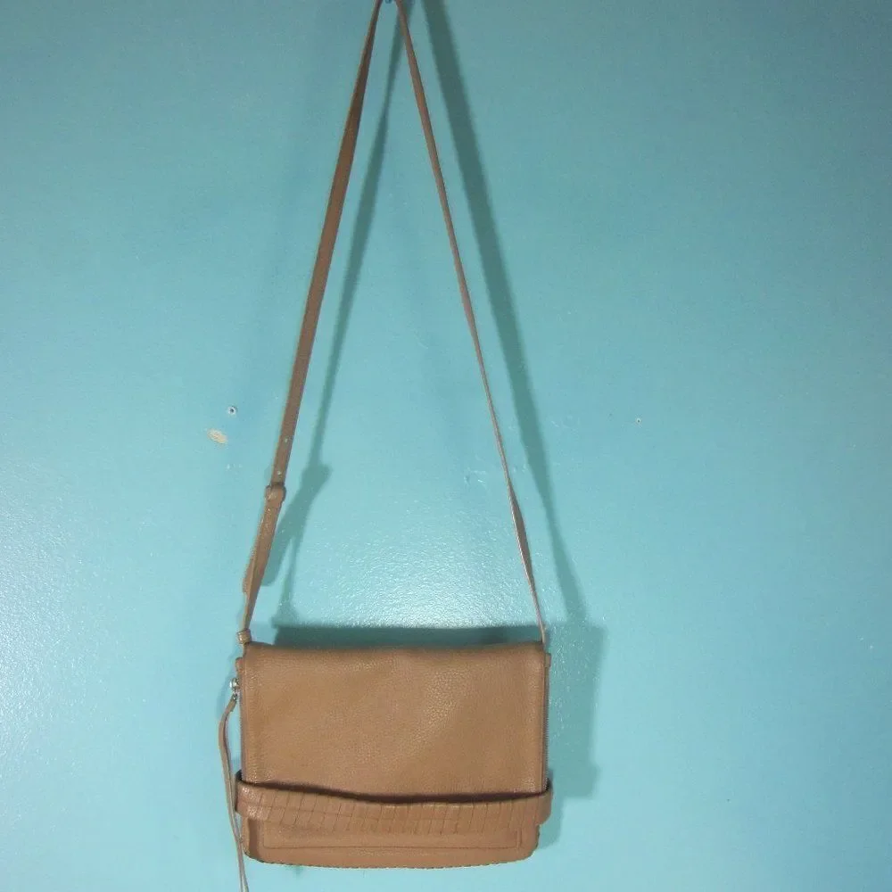 Allsaints Club Medium Clutch Crossbody Purse Tan Pebbled Leather